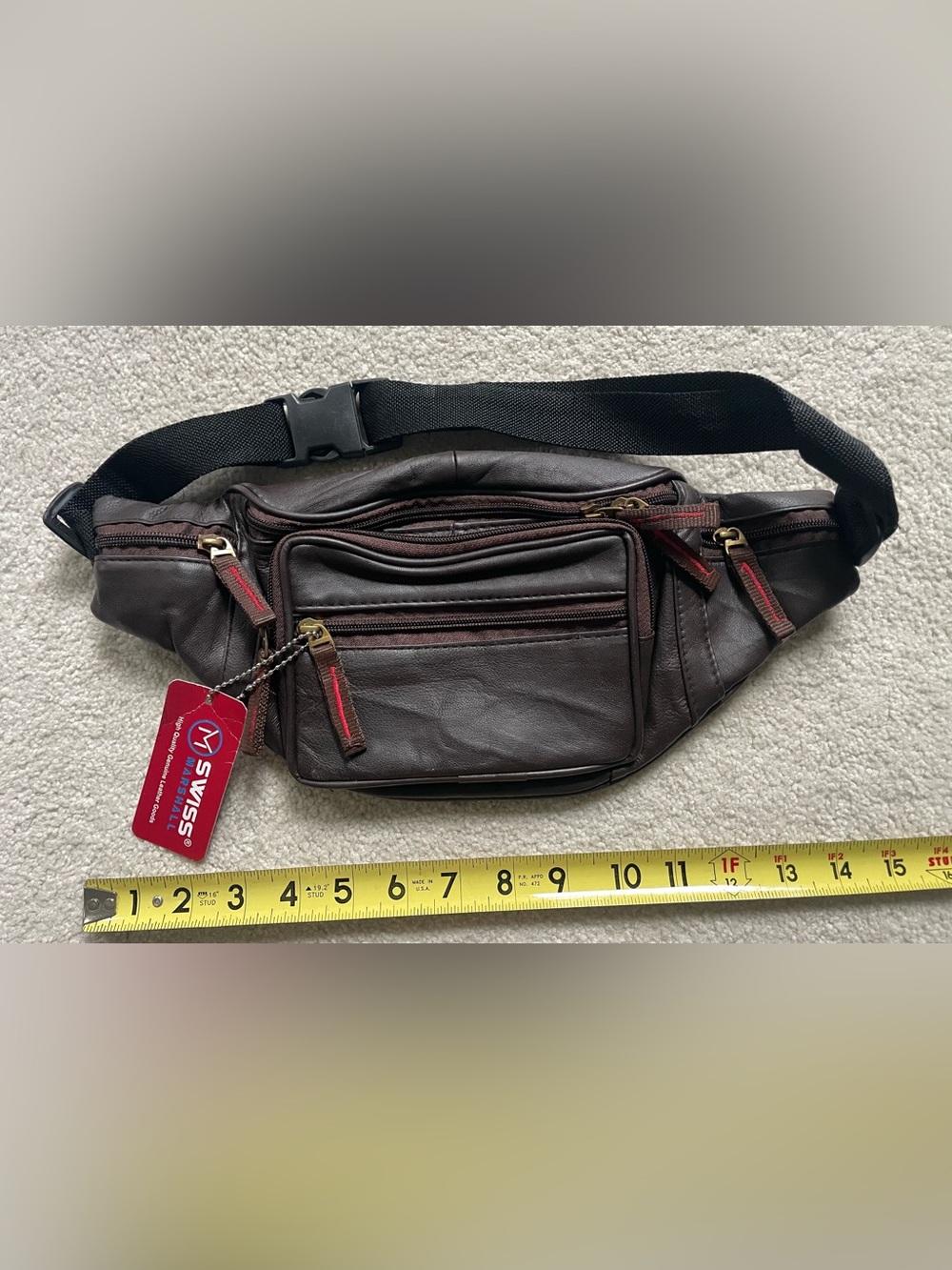 Swiss Marshall Dark Brown Leather Belt Bag with Black Strap
